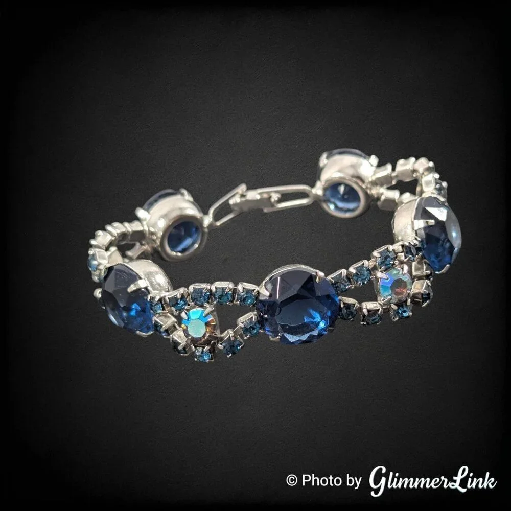 Vintage Blue Glass AB Rhinestone Prong Set Scalloped Silver Tone Bracelet